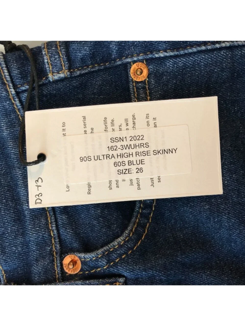 Re/Done Womens Jeans 90s Ultra High Rise Skinny 60s Blue Button Fly Stretch 26